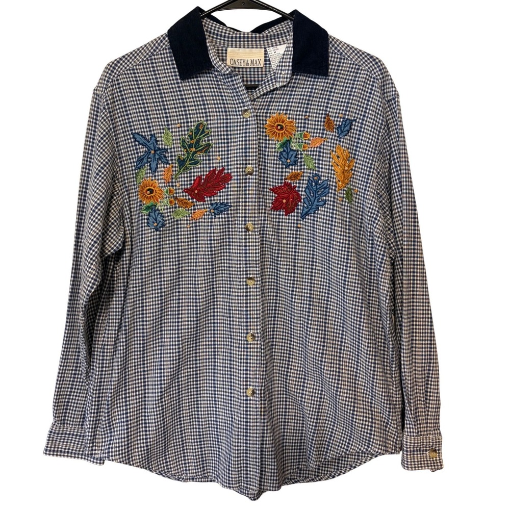 VTG Fall Folliage Embroidered Gingham Button Down Corduroy Collar Cottagecore M